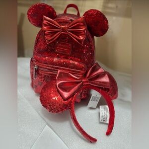 Loungefly Disney Minnie Mouse Red Sequin Backpack & matching ears headband New